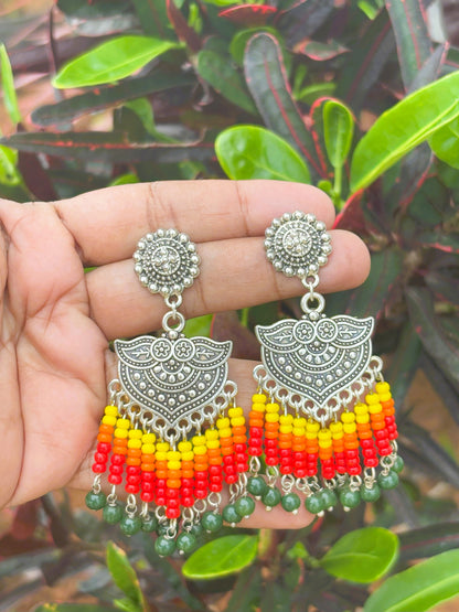 Oxidized Silver Tassel Earrings with Multi-Color Beads