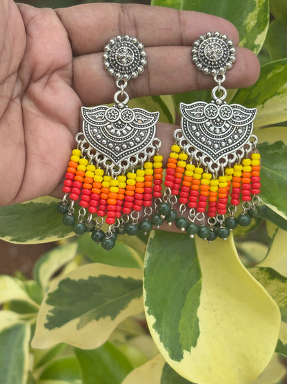 Oxidized Silver Tassel Earrings with Multi-Color Beads