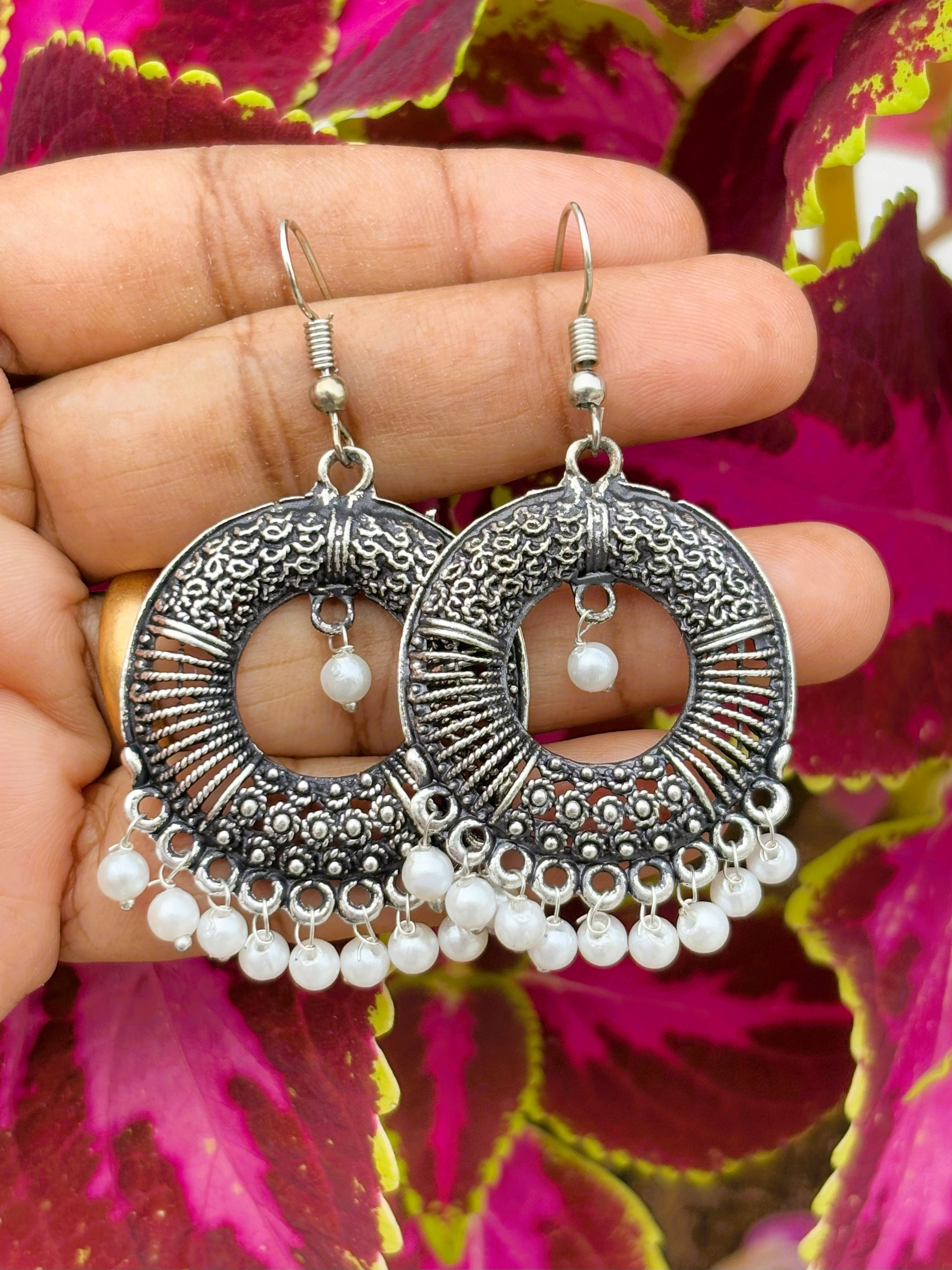 Oxidized Silver Earrings with White Pearl Beads