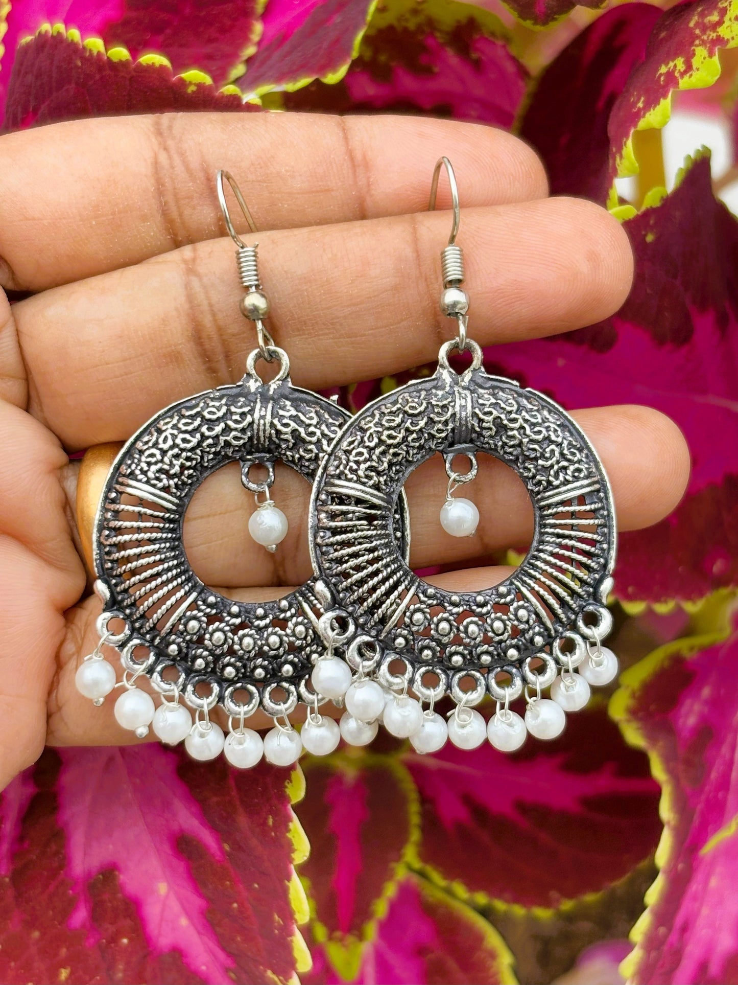 Oxidized Silver Earrings with White Pearl Beads