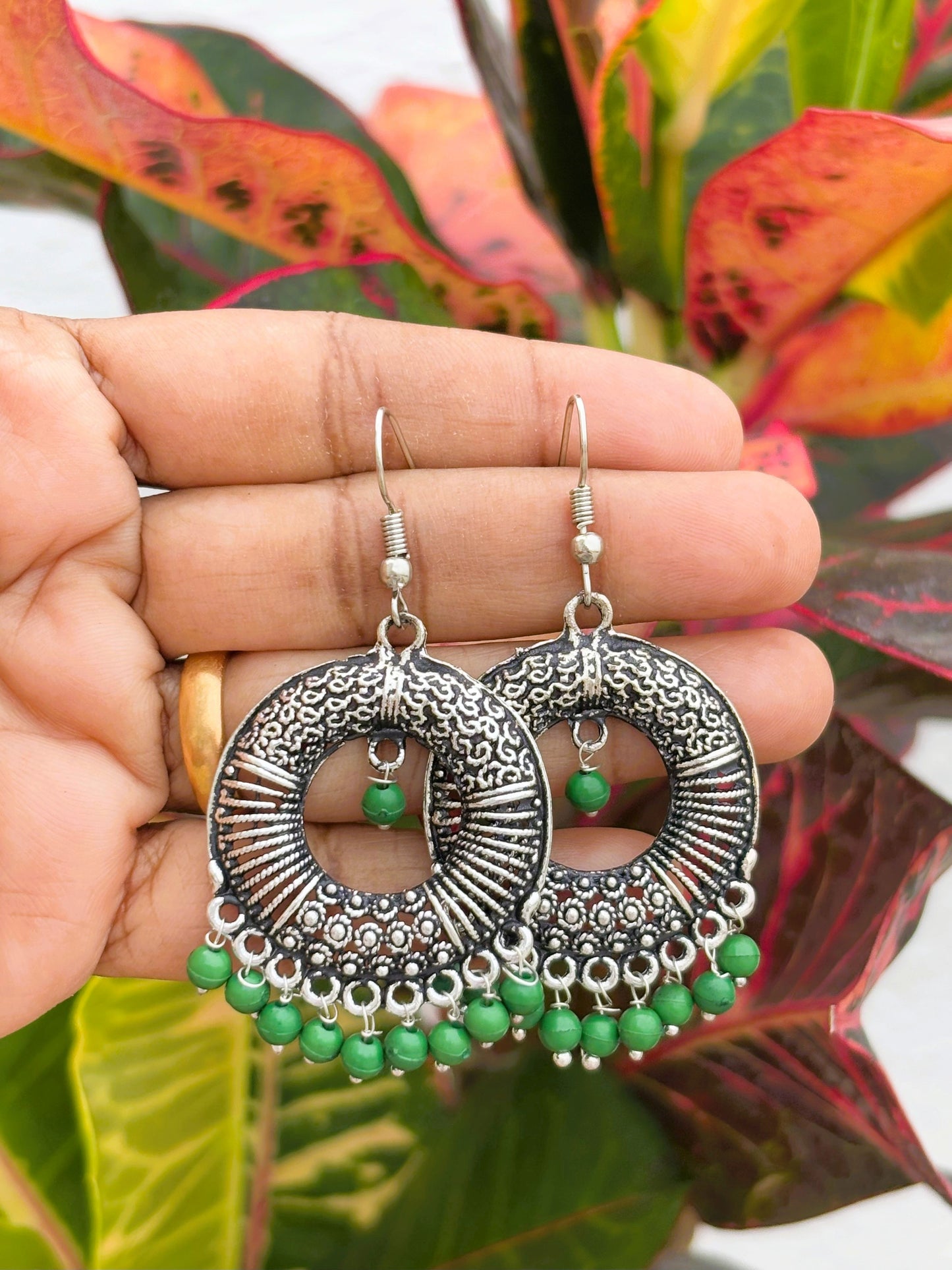 Oxidized Silver Earrings with Green Beads