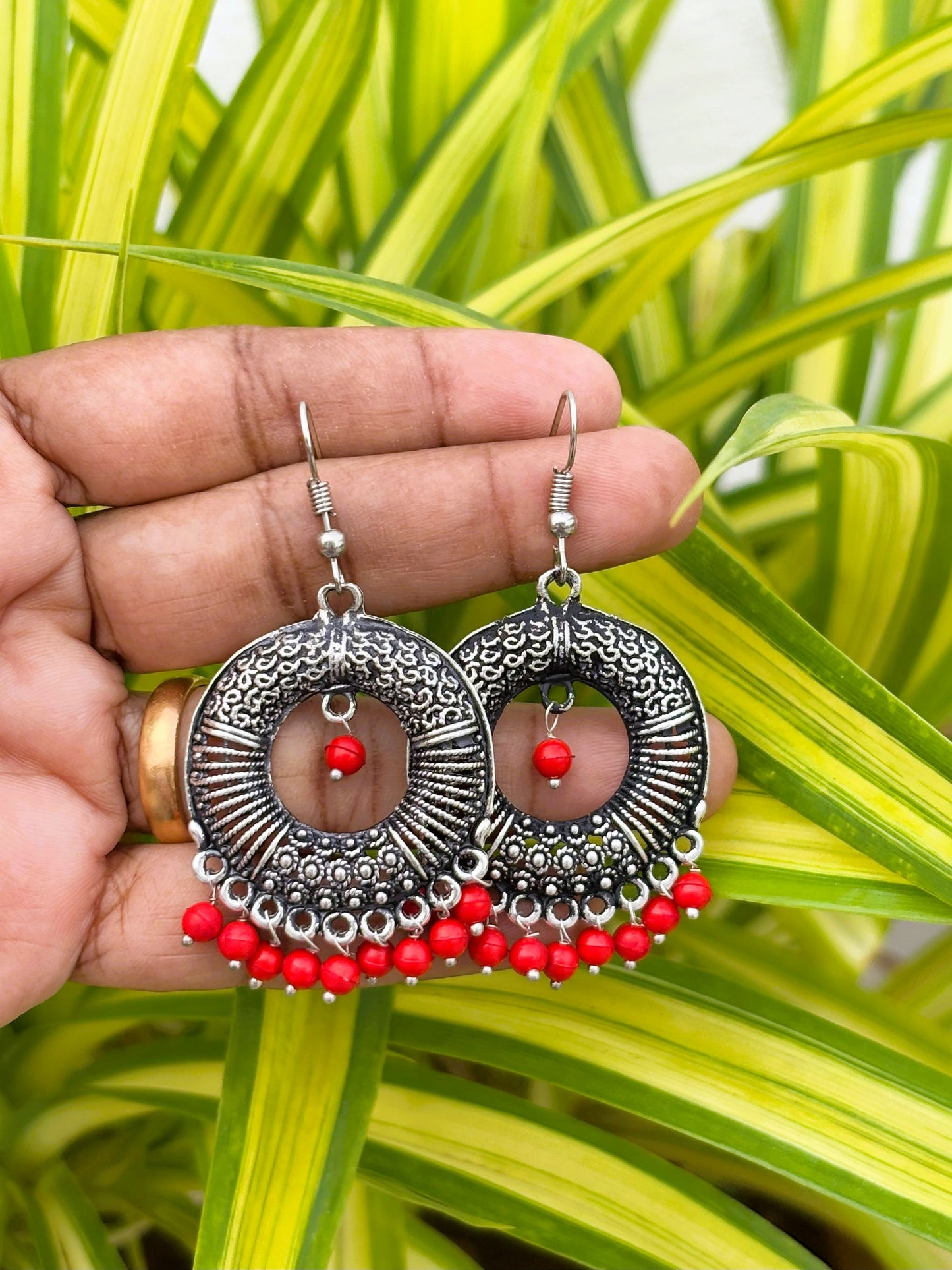 Oxidized Silver Earrings with Matt Red Beads