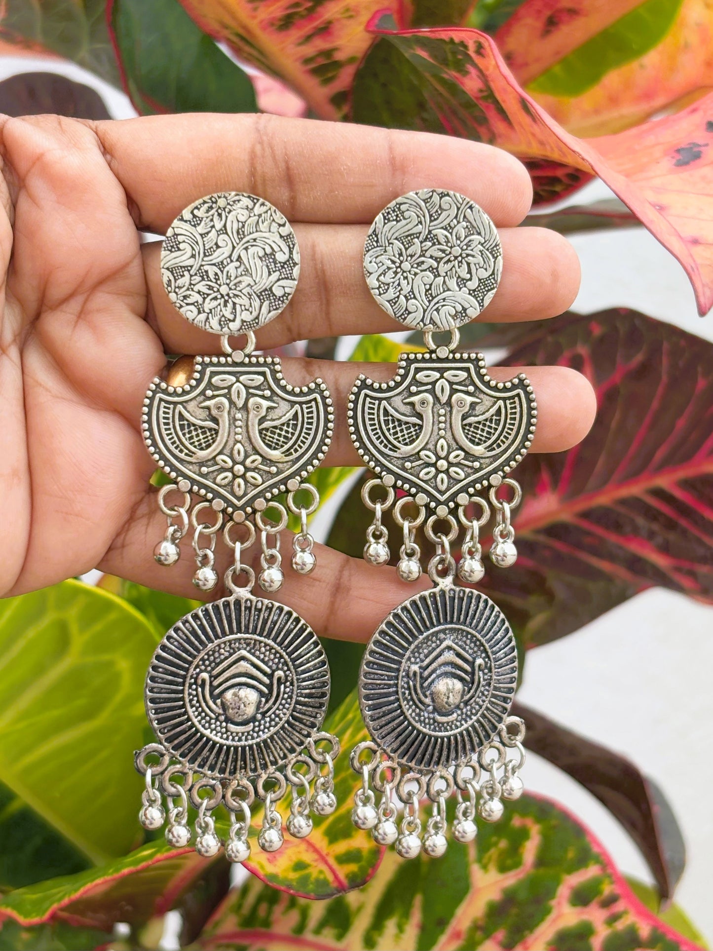 Oxidized Silver Peacock and Ghungroo Drop Earrings