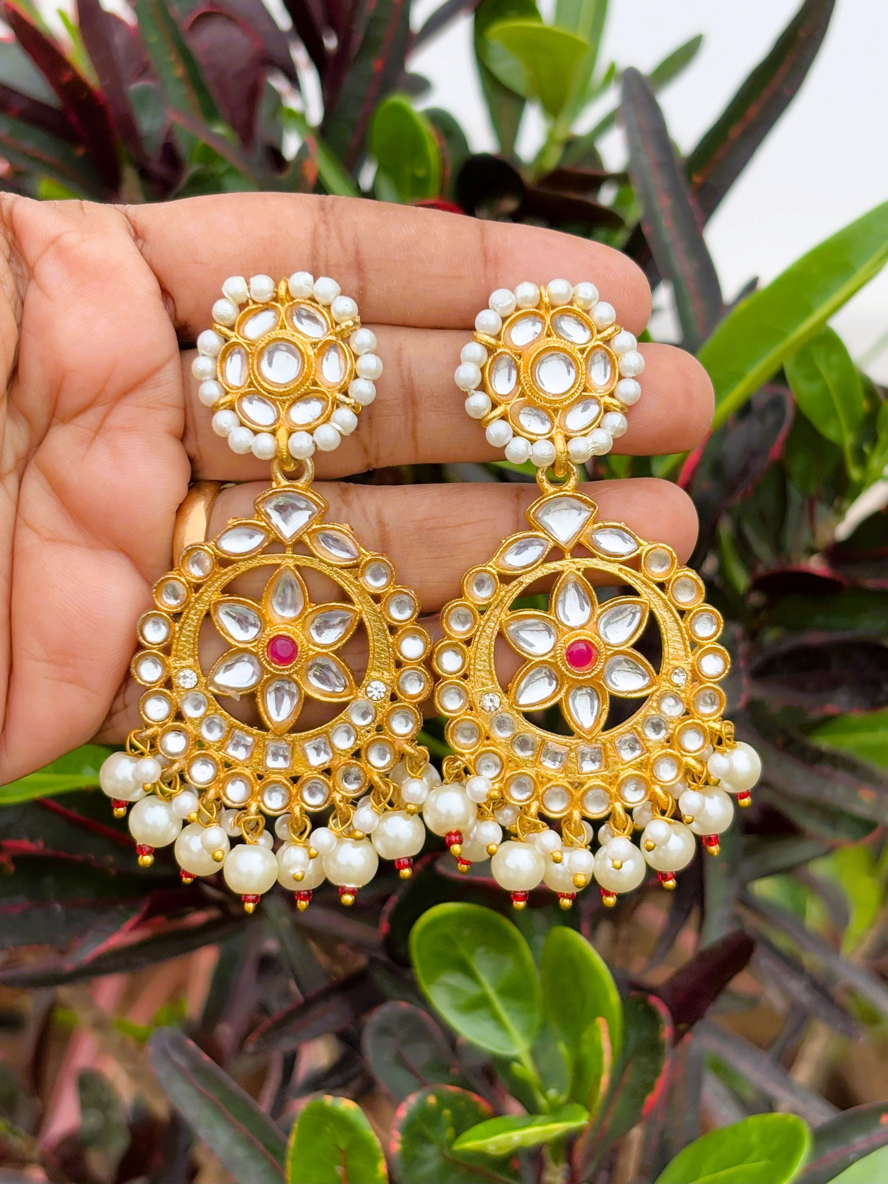 Gold-Toned Kundan Earrings with Pearl and Stone Accents