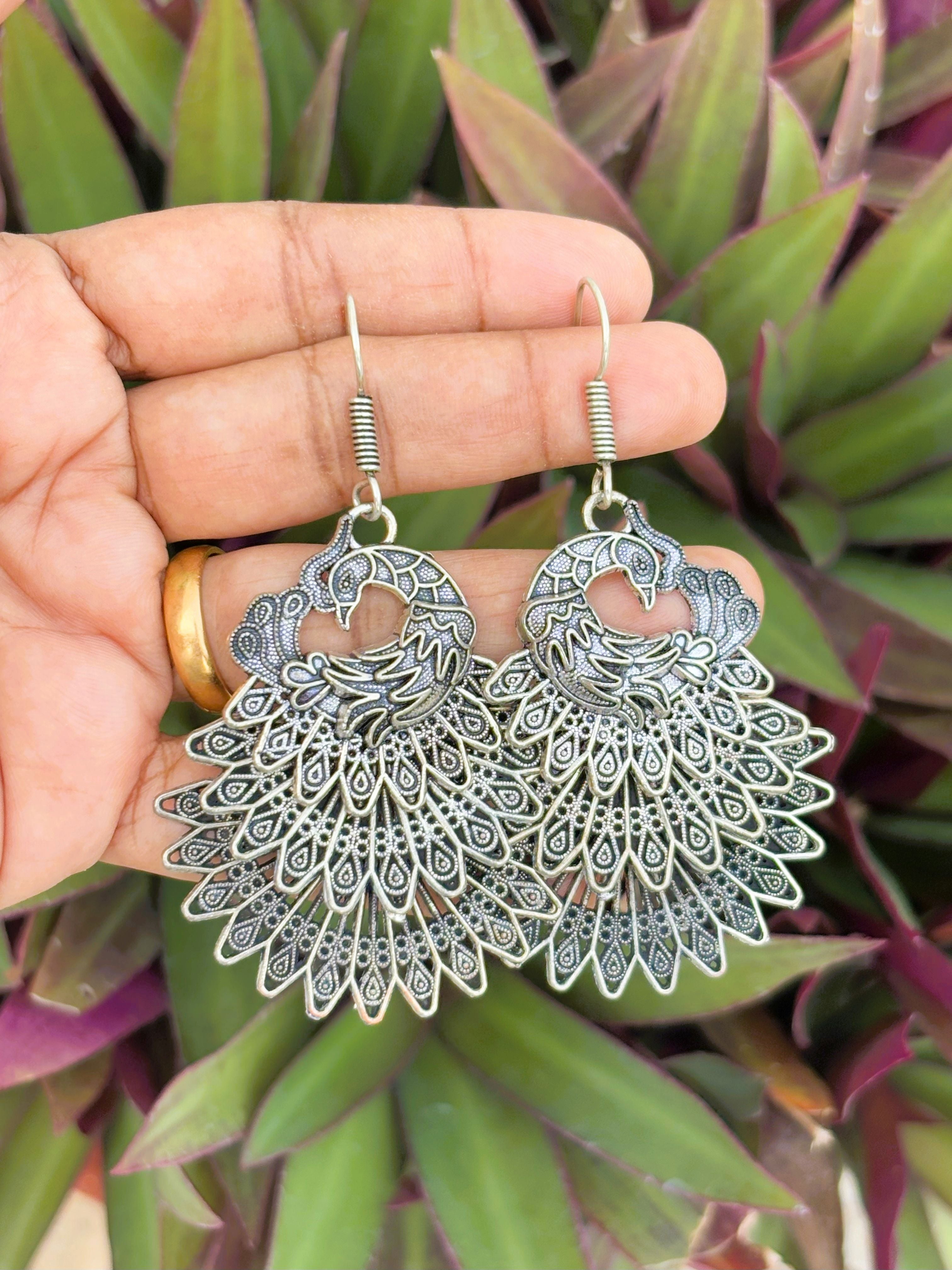 Oxidized Silver Peacock Drop Earrings