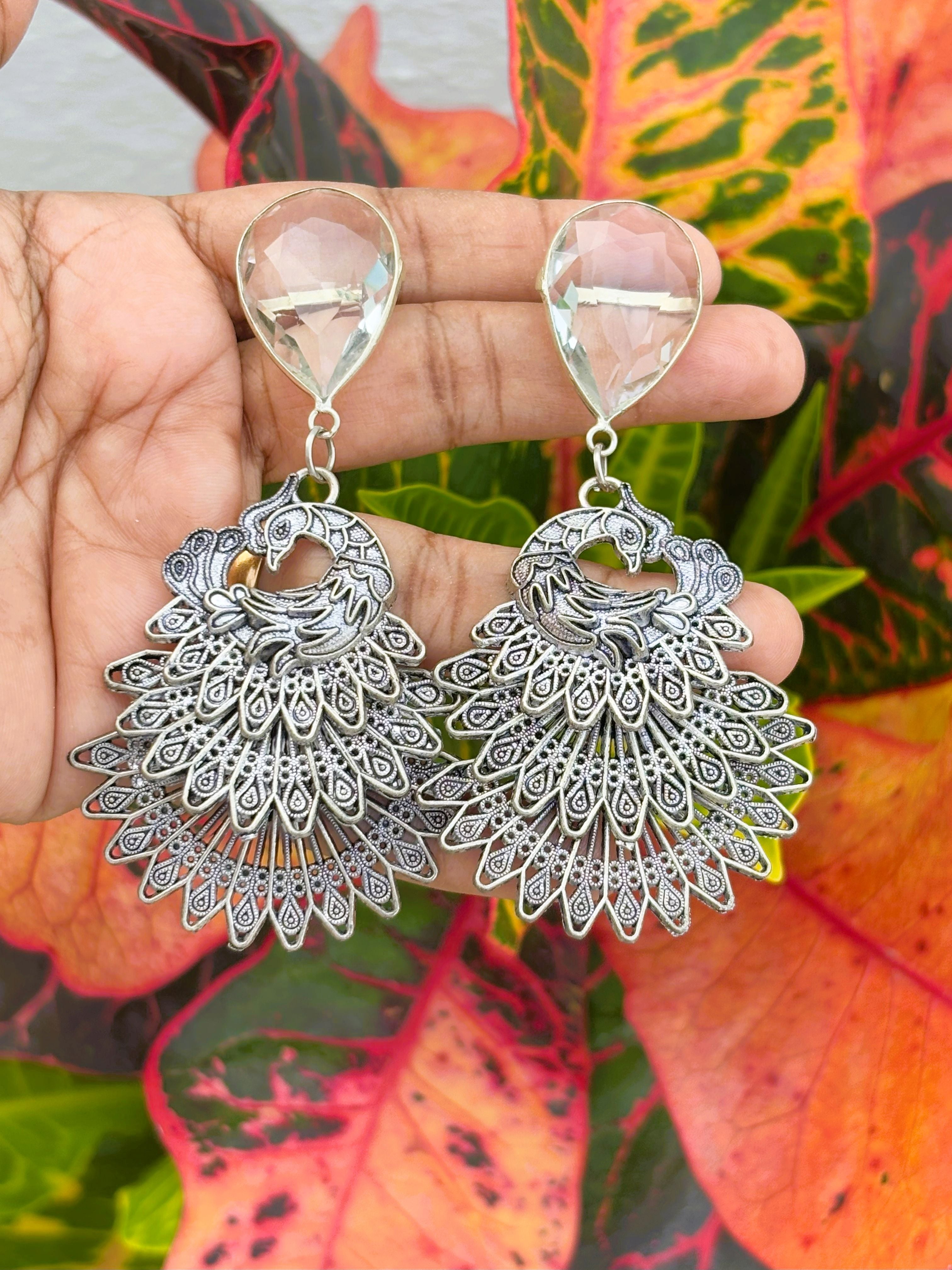 Oxidized Silver Peacock Earrings with Crystal Top