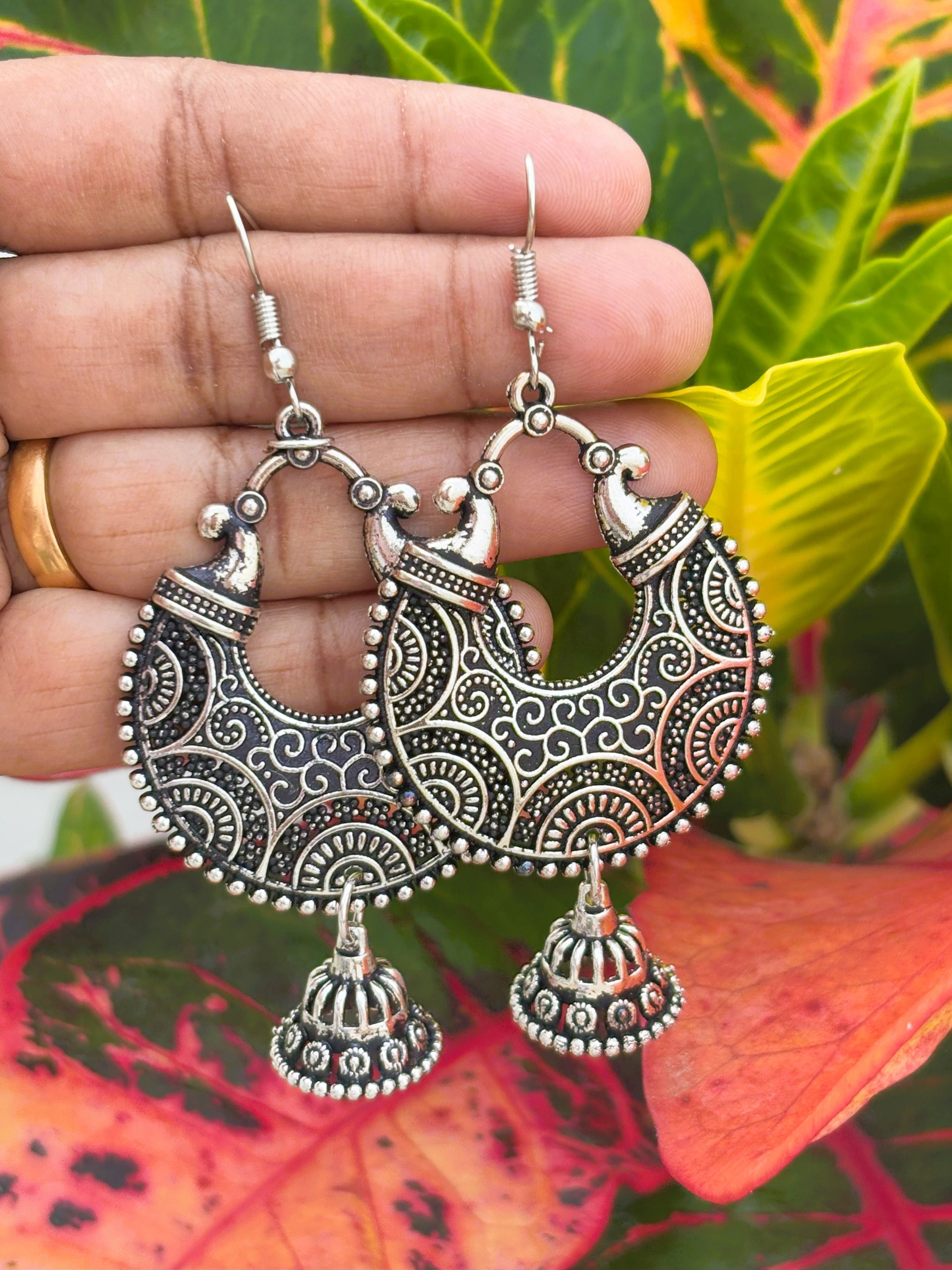 Oxidized Silver Jhumka Chandbali Earrings
