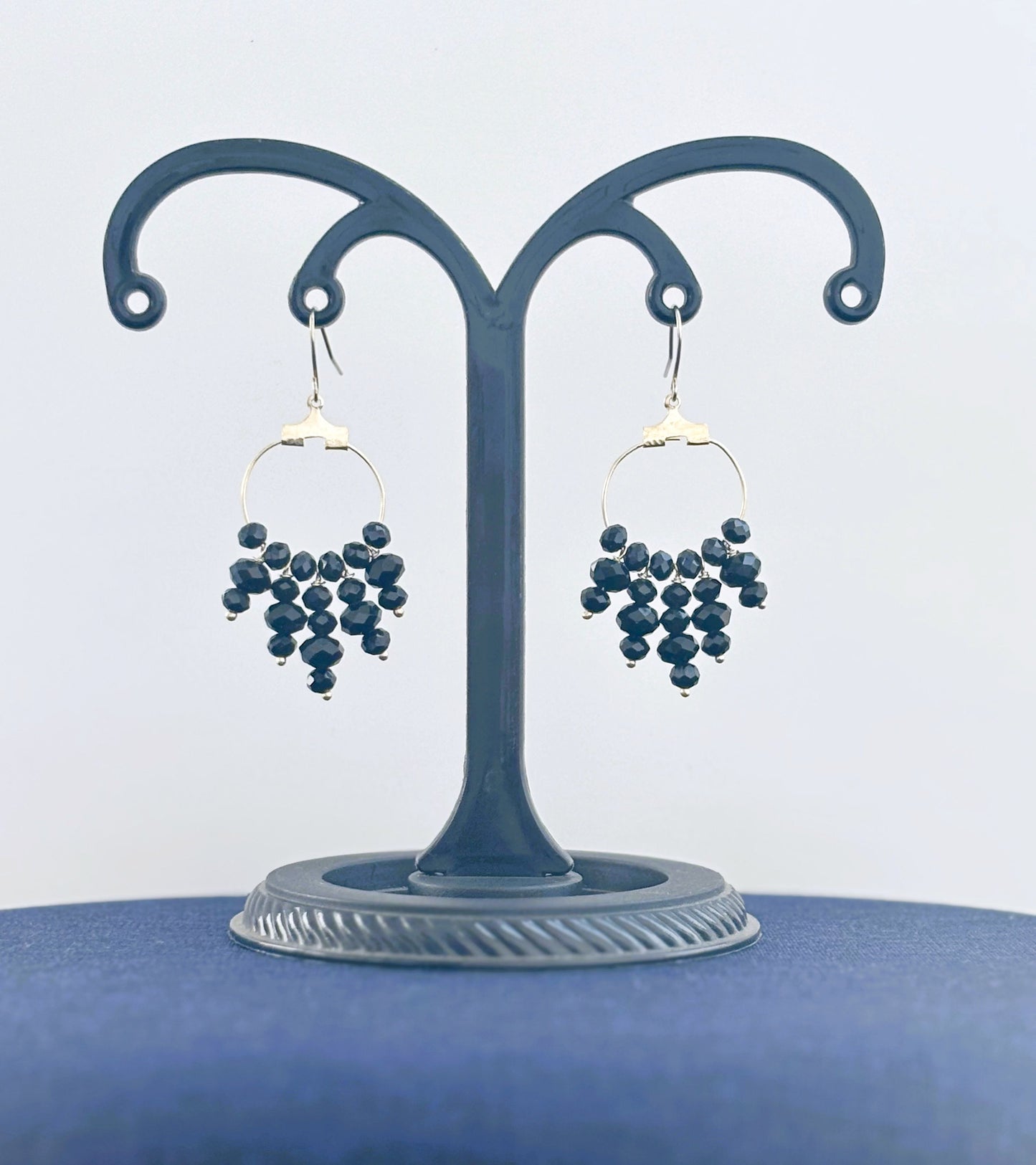 Handcrafted Silver Hoop Earrings with Black Beaded Tassels