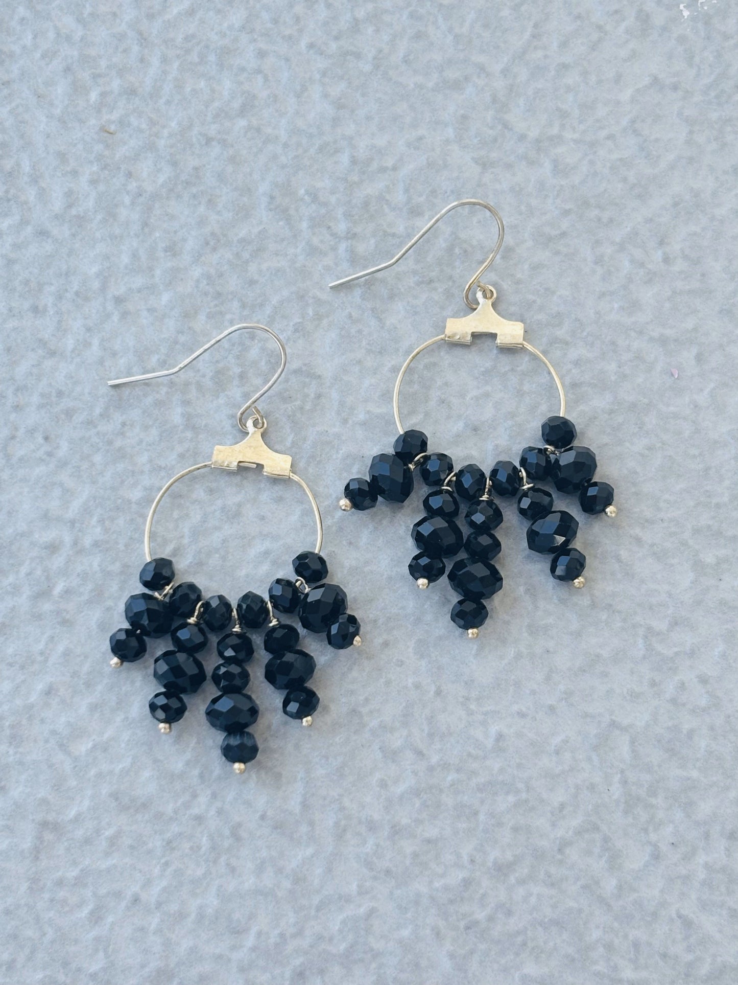 Handcrafted Silver Hoop Earrings with Black Beaded Tassels