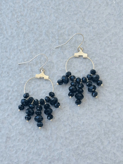 Handcrafted Silver Hoop Earrings with Black Beaded Tassels