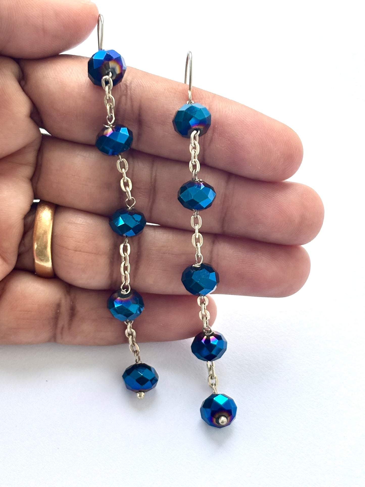 Iridescent Blue Crystal Chain Earrings