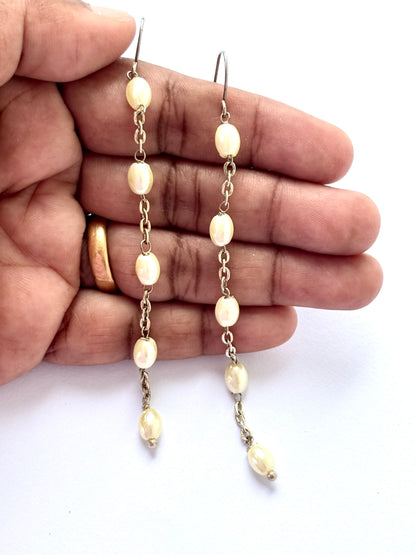 Handmade Cream Pearl Chain Dangle Earrings