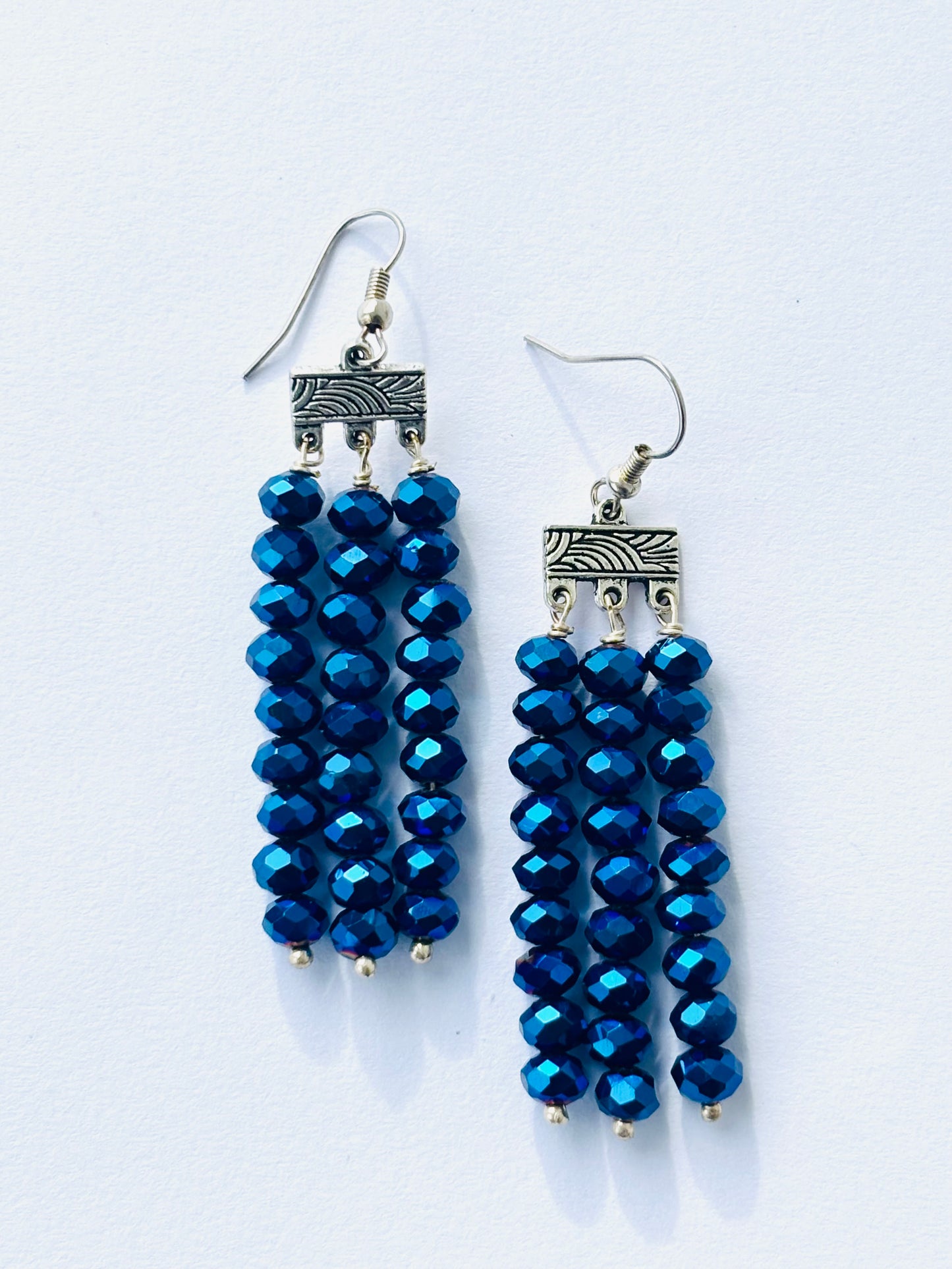 Handmade Metallic Blue Fringe Earrings