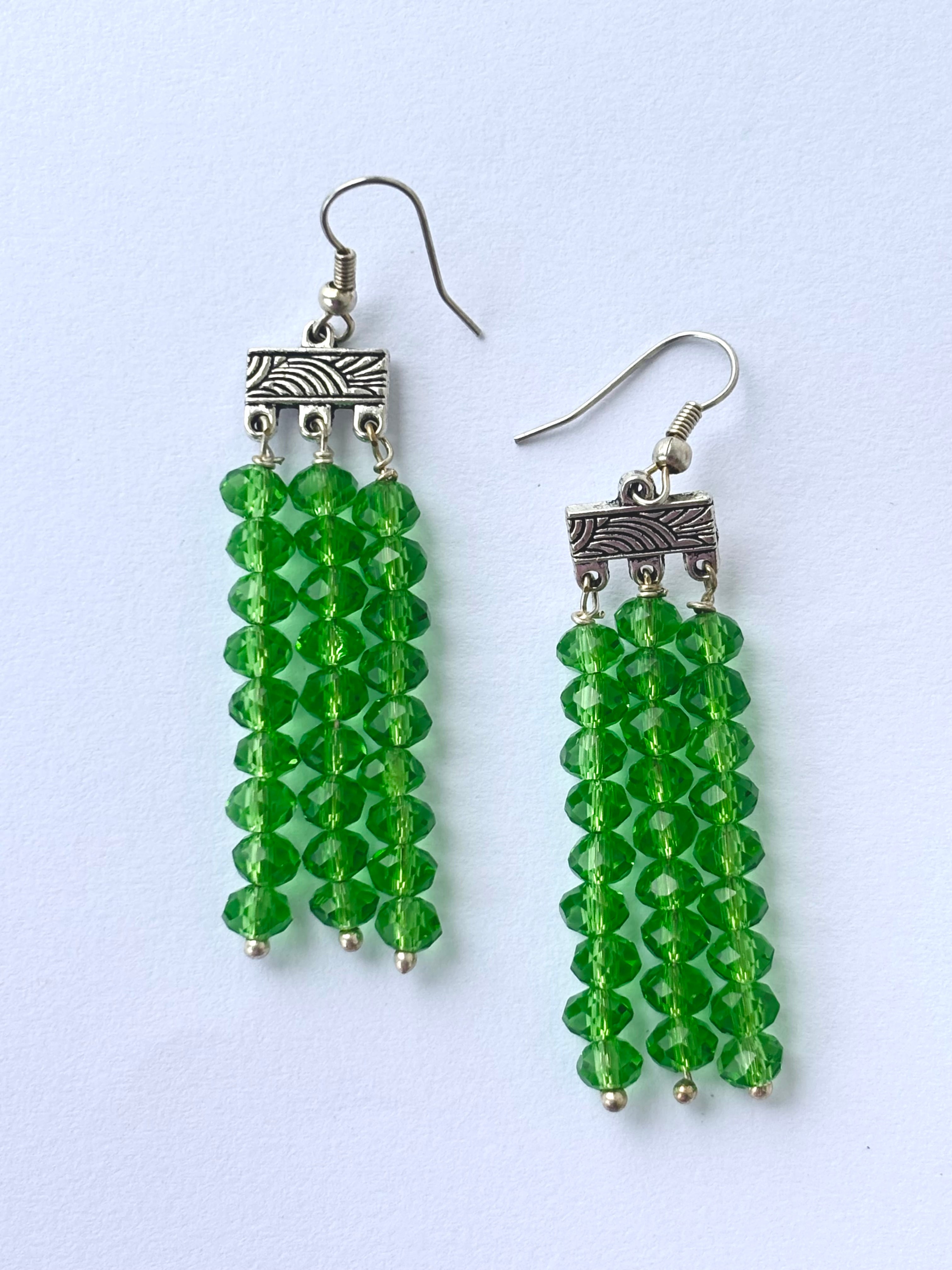 Handmade Emerald Green Crystal Fringe Earrings
