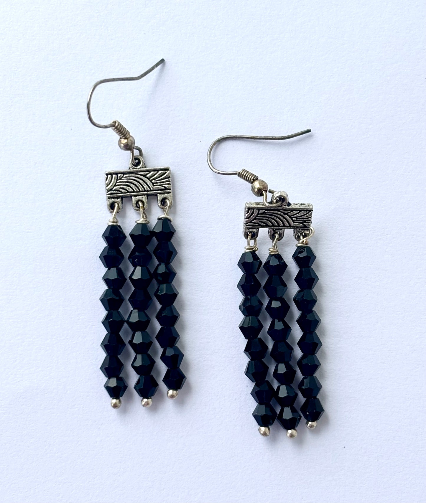 Handmade Black Bicone Fringe Earrings