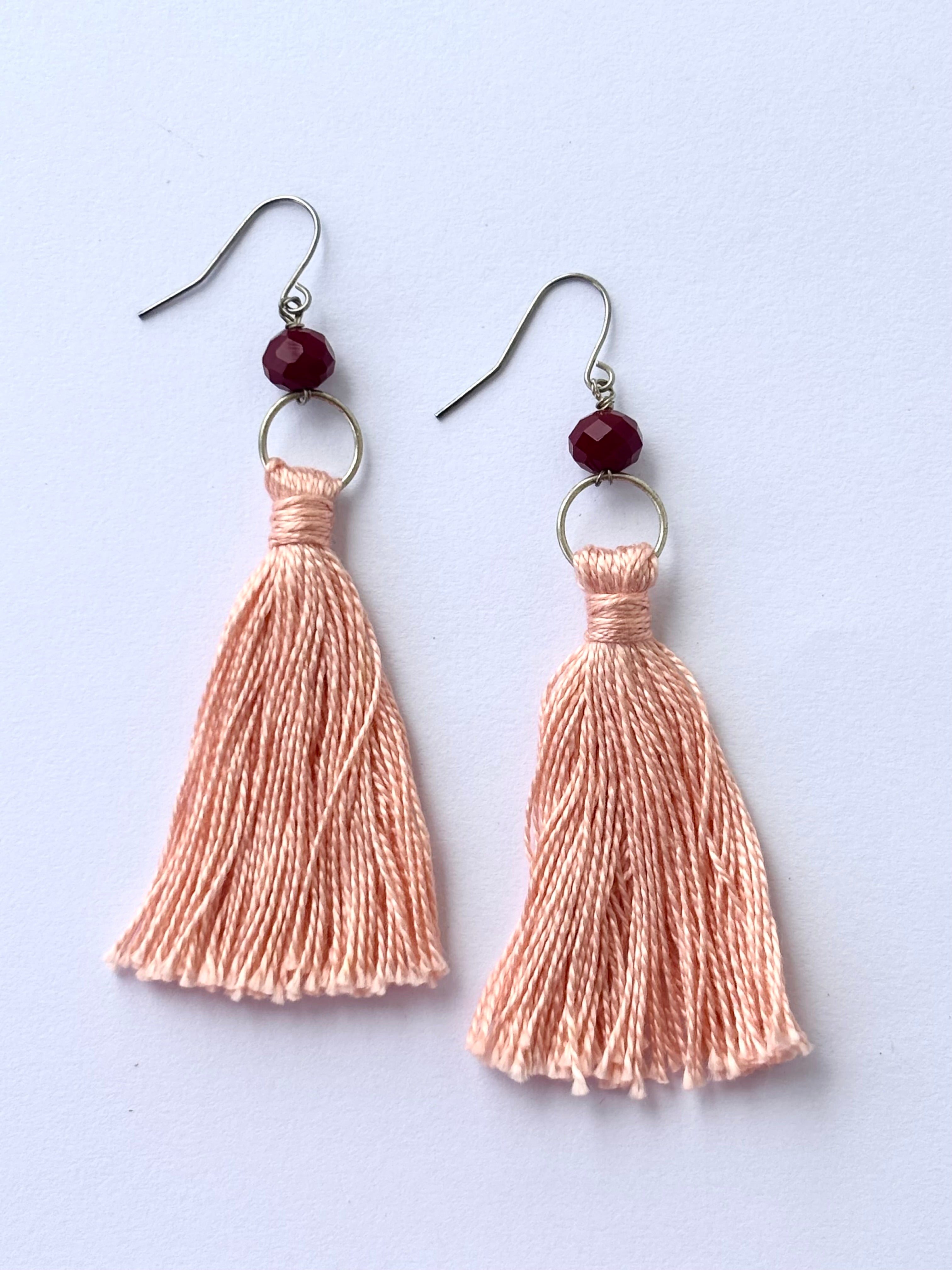 Handmade Pink Tassel Earrings with Ruby Crystal