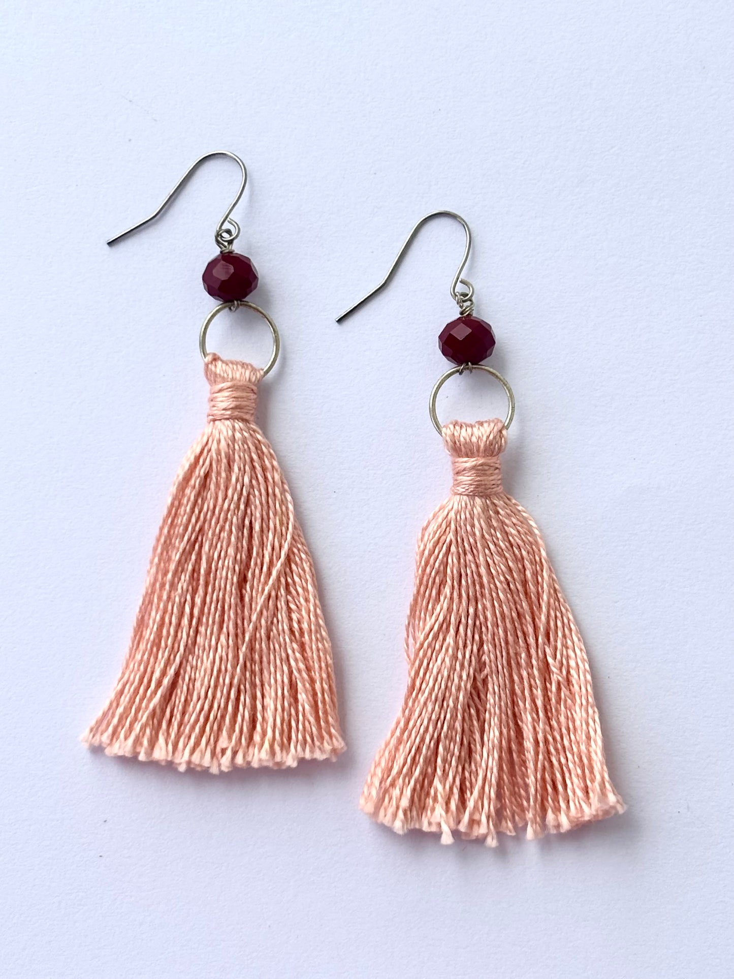 Handmade Pink Tassel Earrings with Ruby Crystal