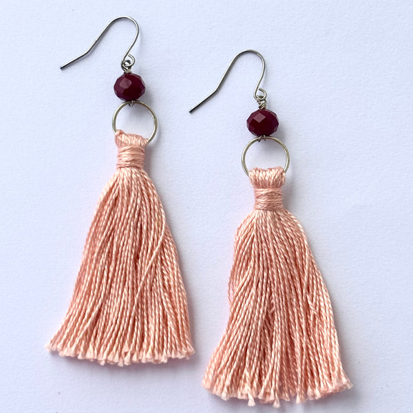 Handmade Pink Tassel Earrings with Ruby Crystal