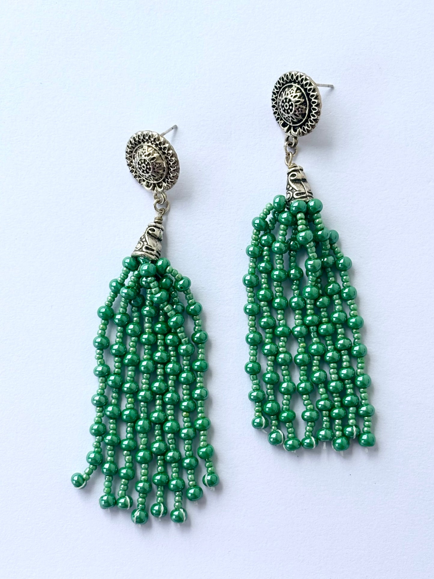 Handmade Green Beaded Fringe Earrings