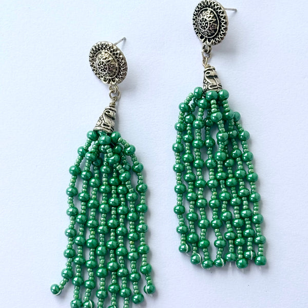 Handmade Green Beaded Fringe Earrings