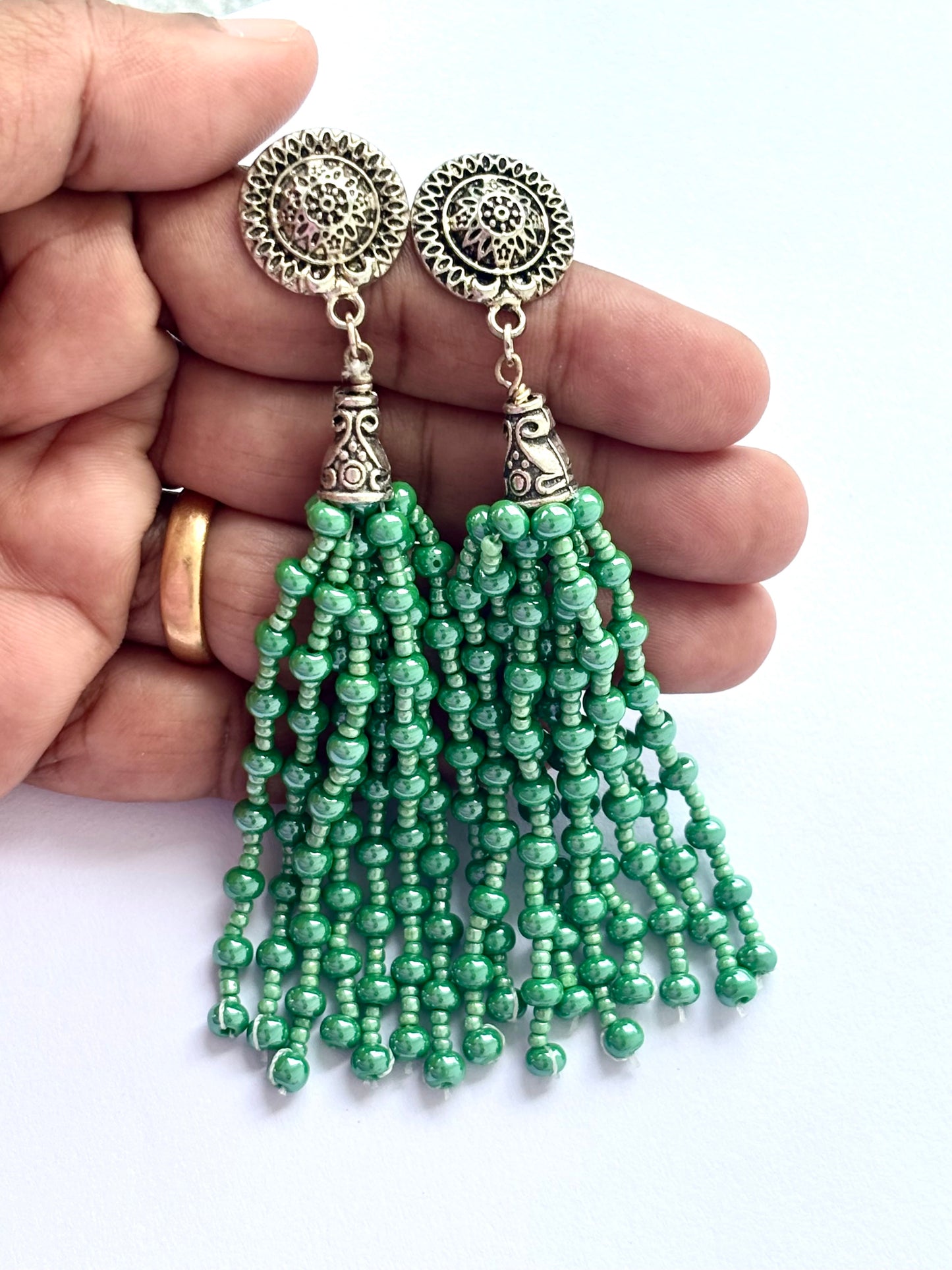 Handmade Green Beaded Fringe Earrings