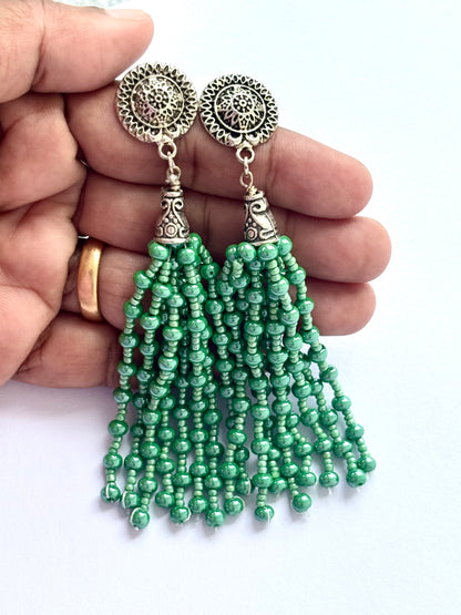 Handmade Green Beaded Fringe Earrings