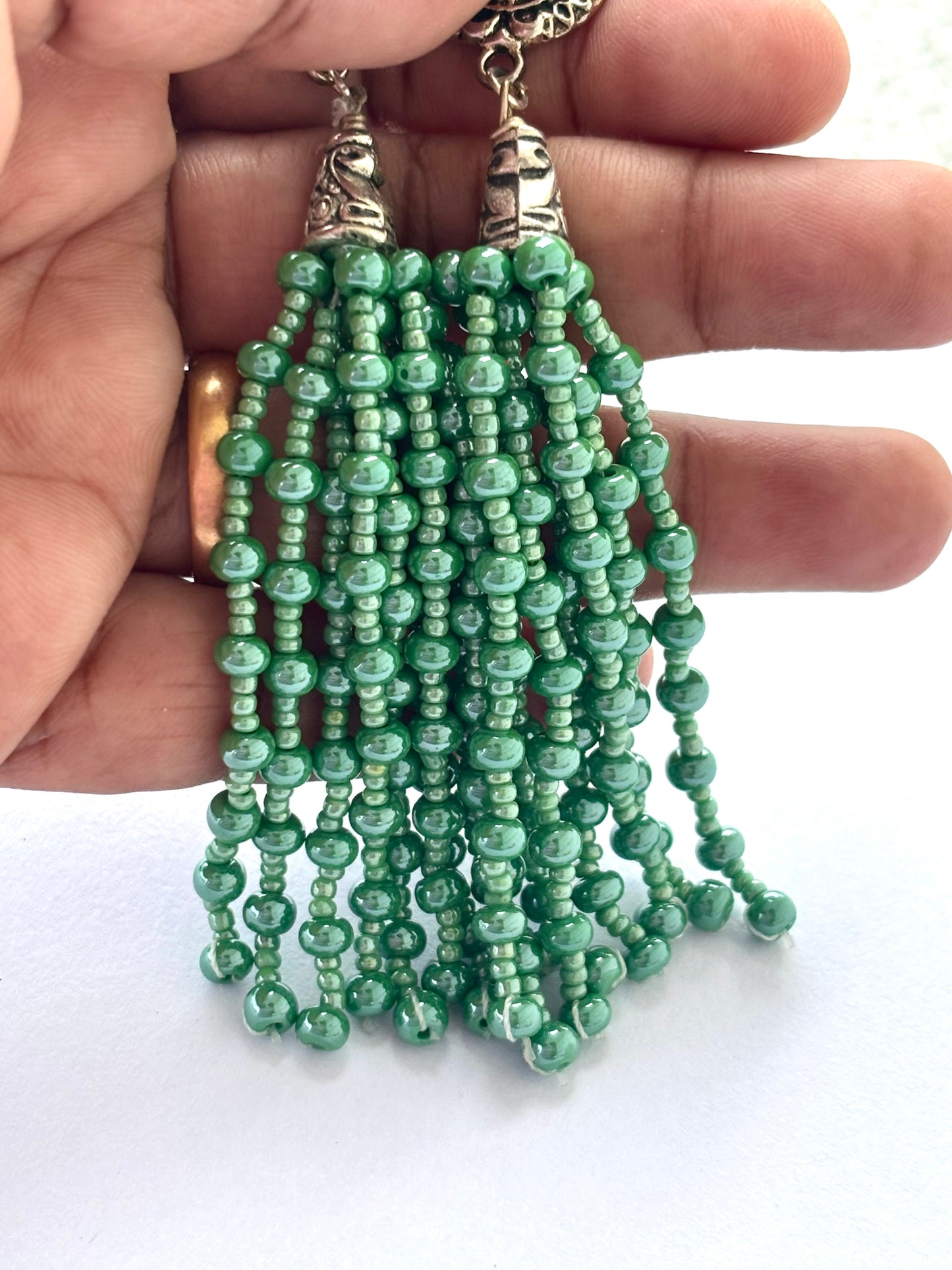 Handmade Green Beaded Fringe Earrings