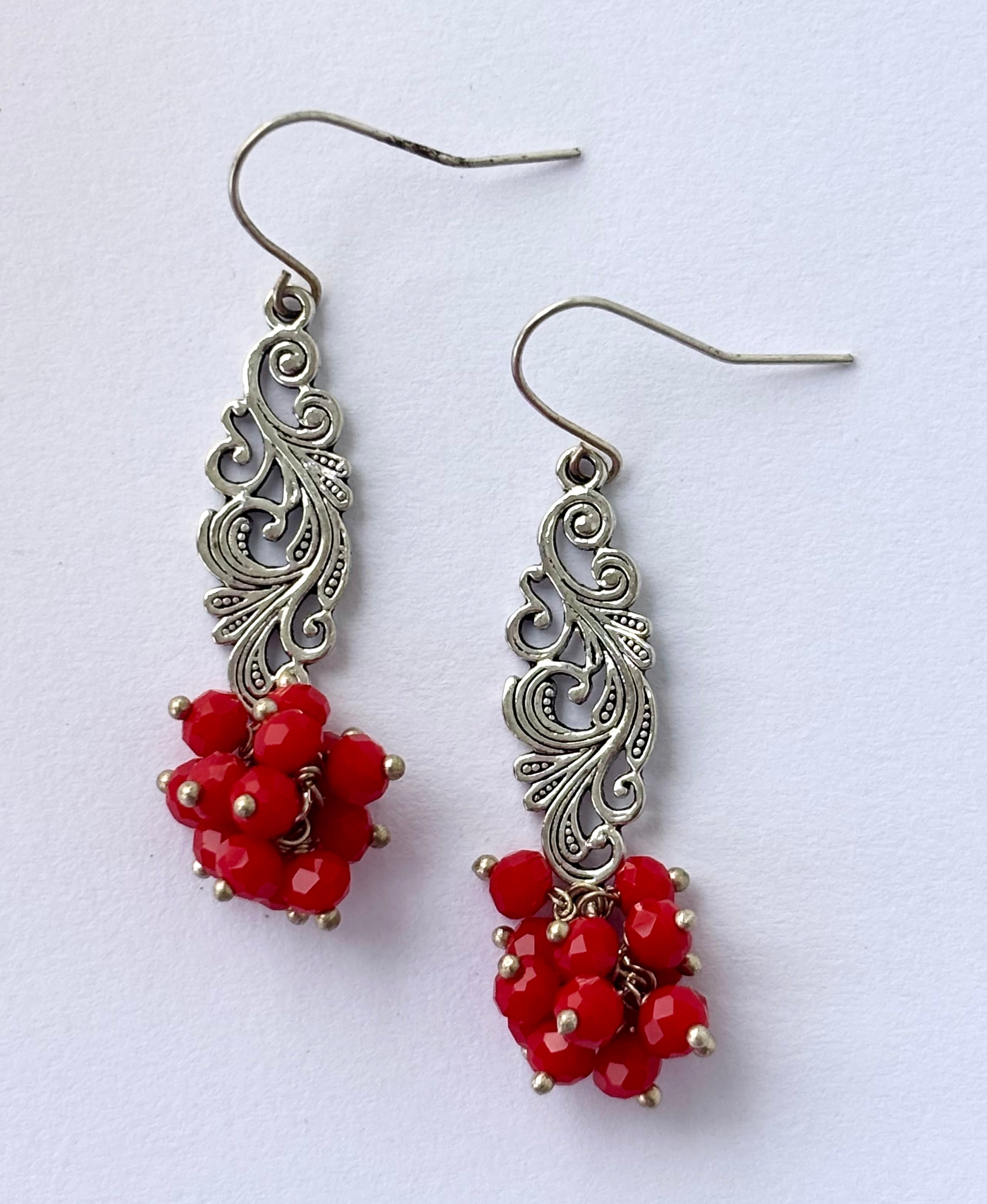 Handmade Red Beaded Cluster Earrings