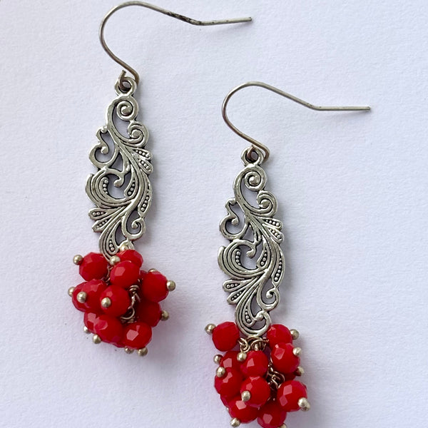 Handmade Red Beaded Cluster Earrings