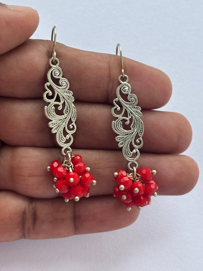 Handmade Red Beaded Cluster Earrings