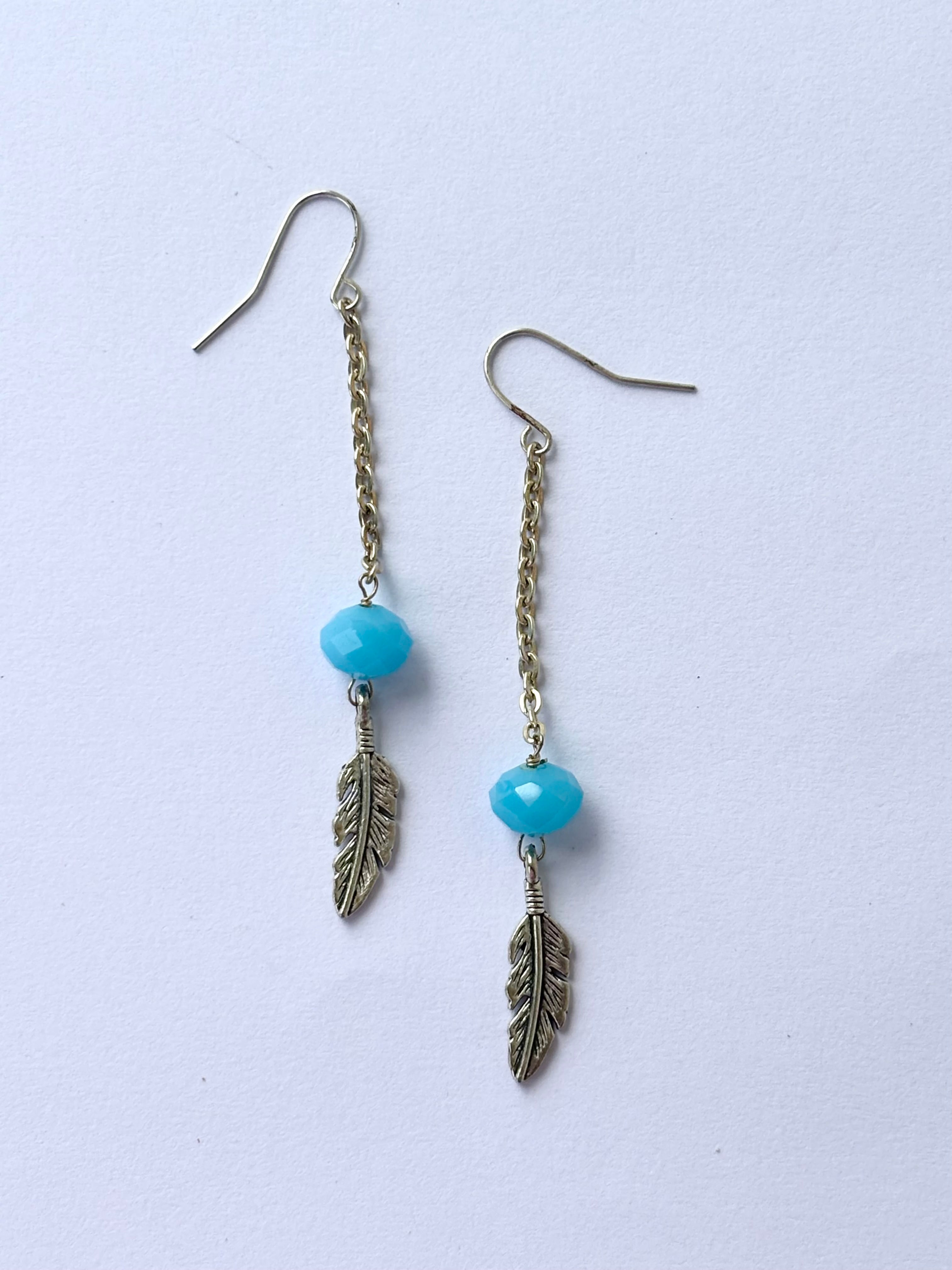 Handmade Turquoise and Feather Dangle Earrings