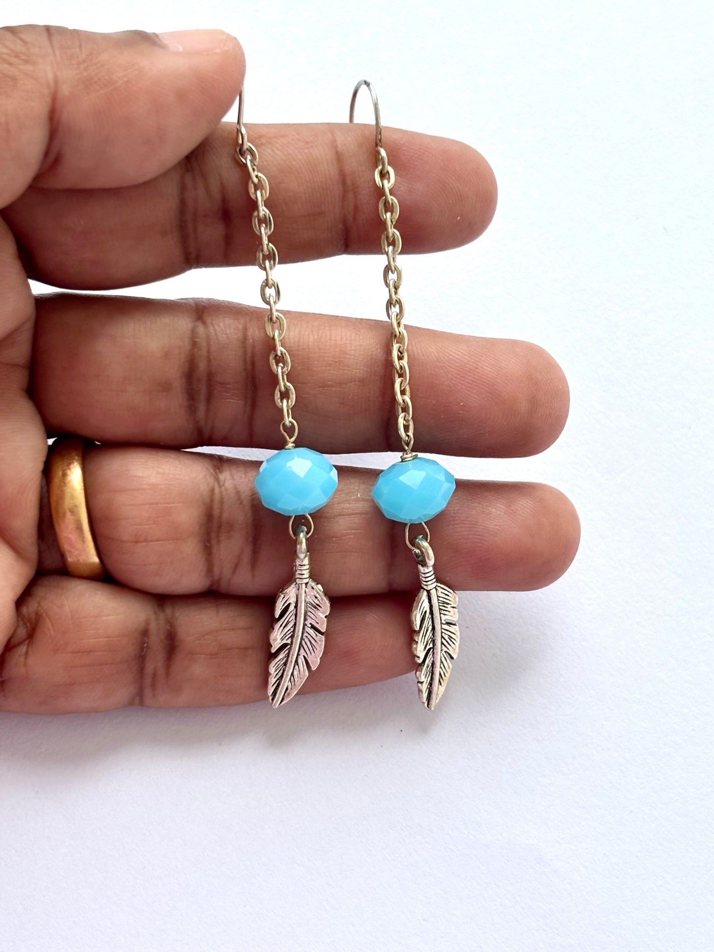 Handmade Turquoise and Feather Dangle Earrings