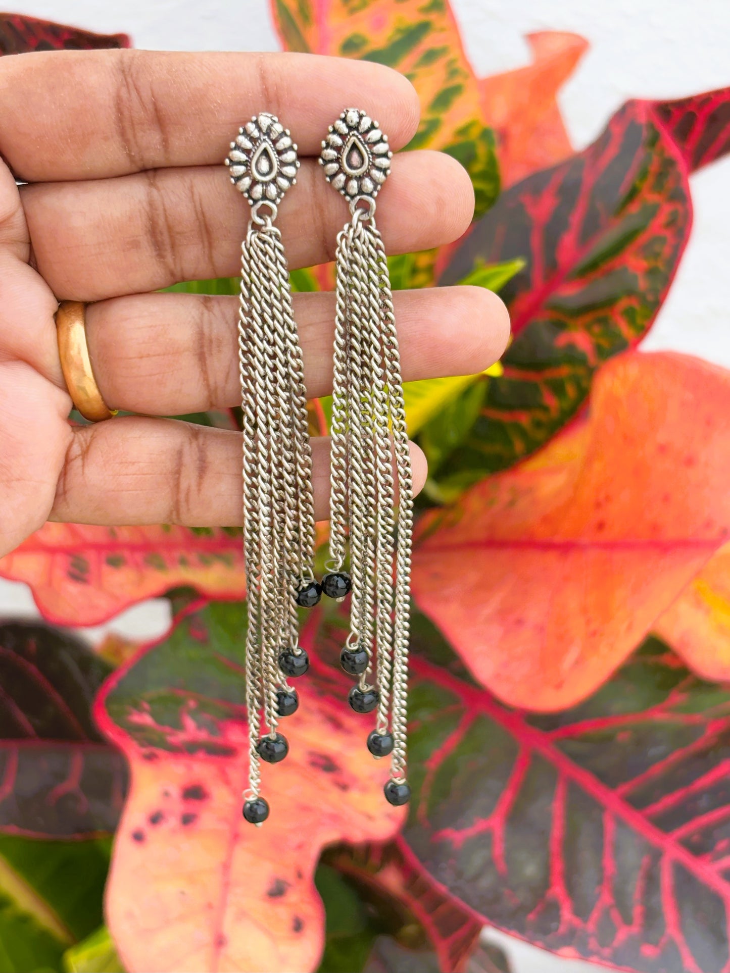 Handmade Oxidized Silver Chain Earrings with Black Beads