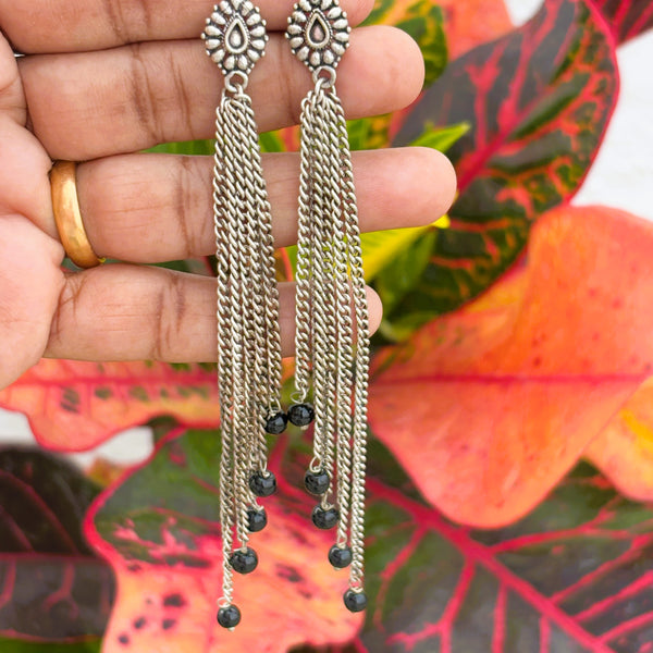Handmade Oxidized Silver Chain Earrings with Black Beads
