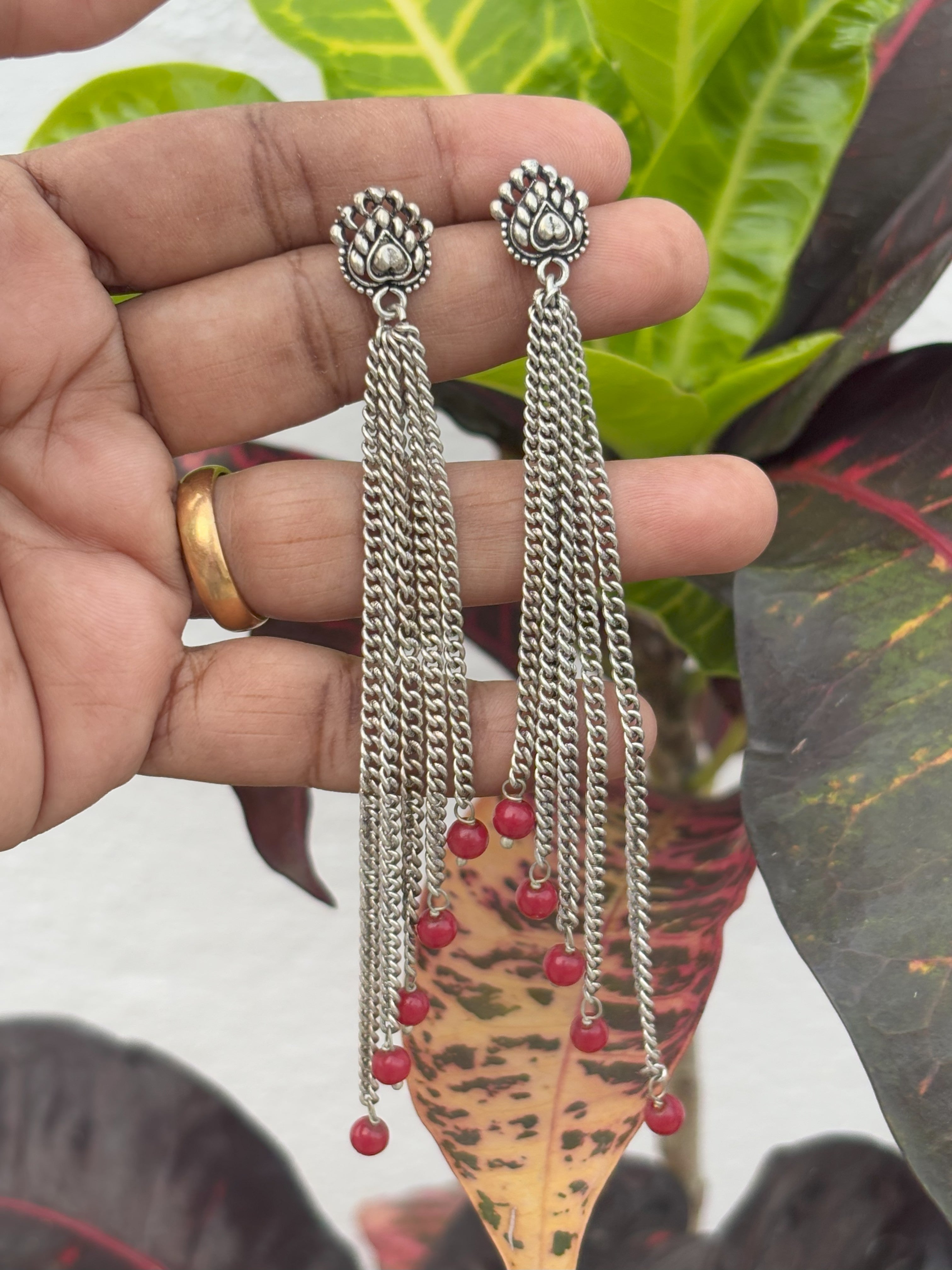 Handmade Oxidized Silver Chain Earrings with Red Beads