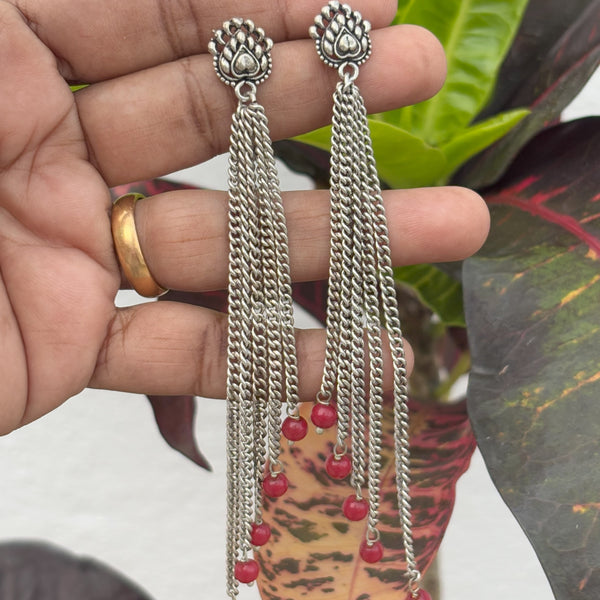 Handmade Oxidized Silver Chain Earrings with Red Beads