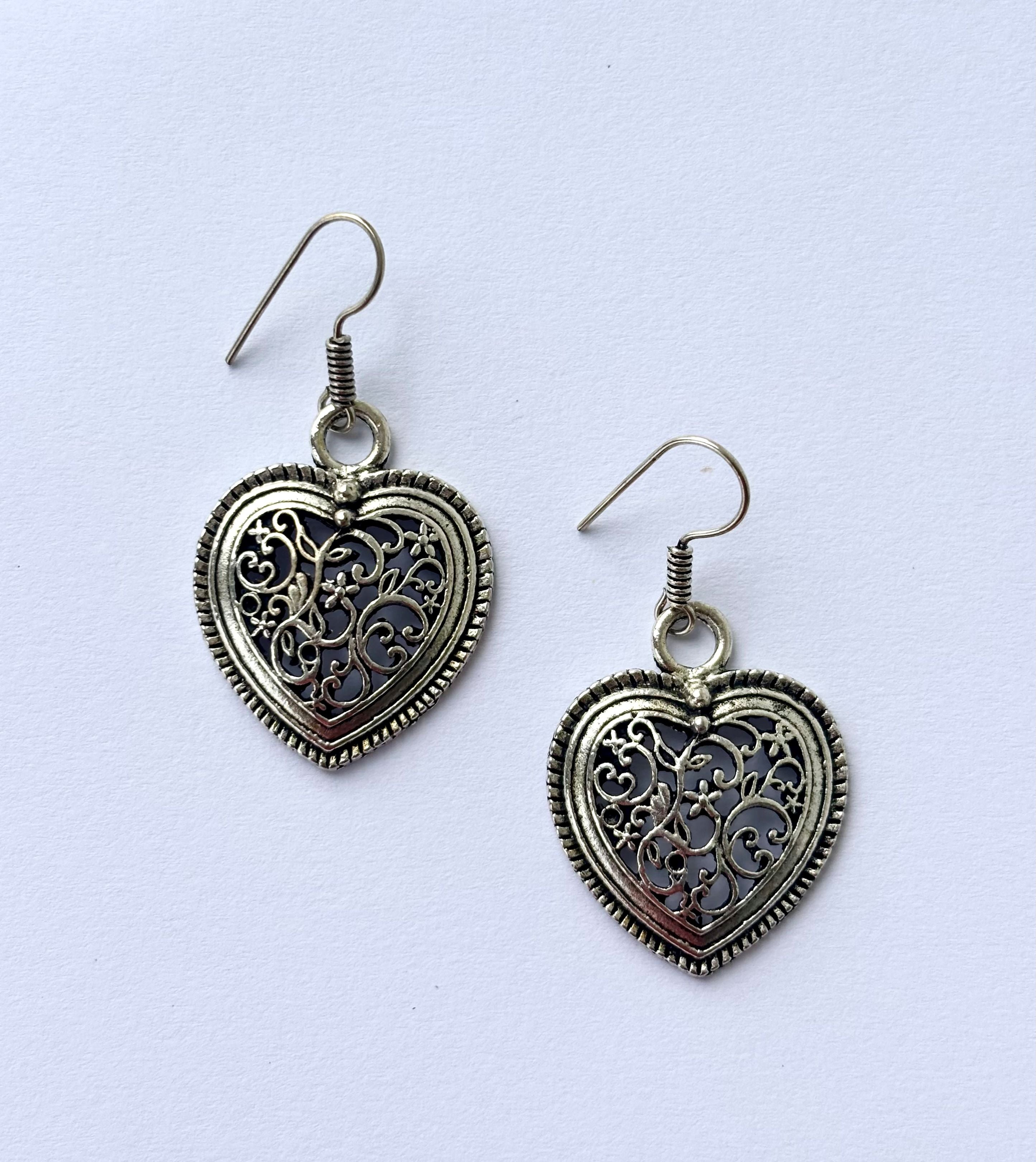 Oxidized Silver Heart Dangle Earrings