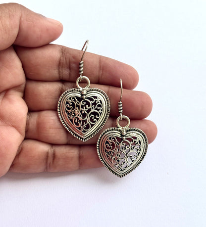 Oxidized Silver Heart Dangle Earrings
