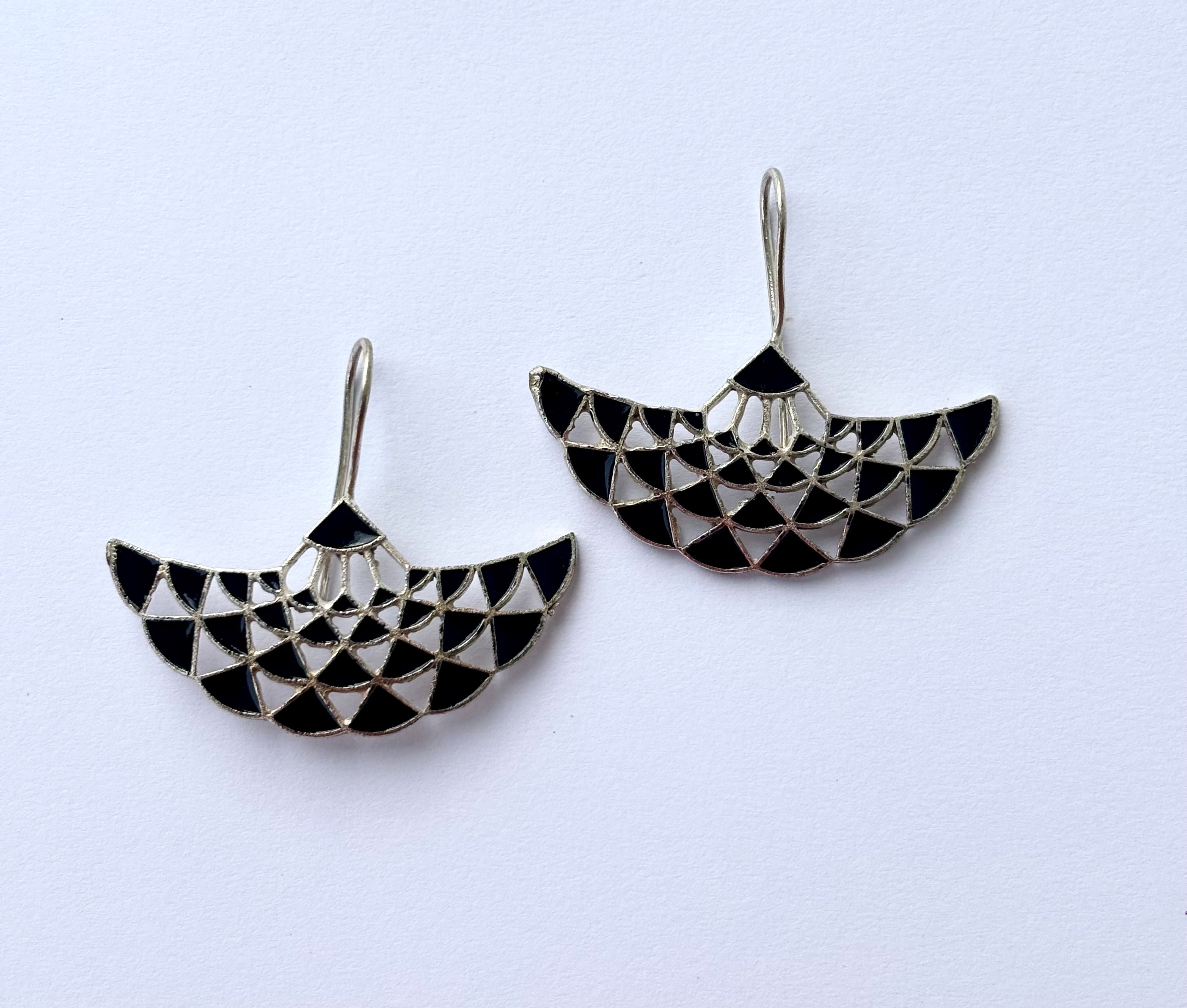Oxidized Black and Silver Geometric Fan Earrings