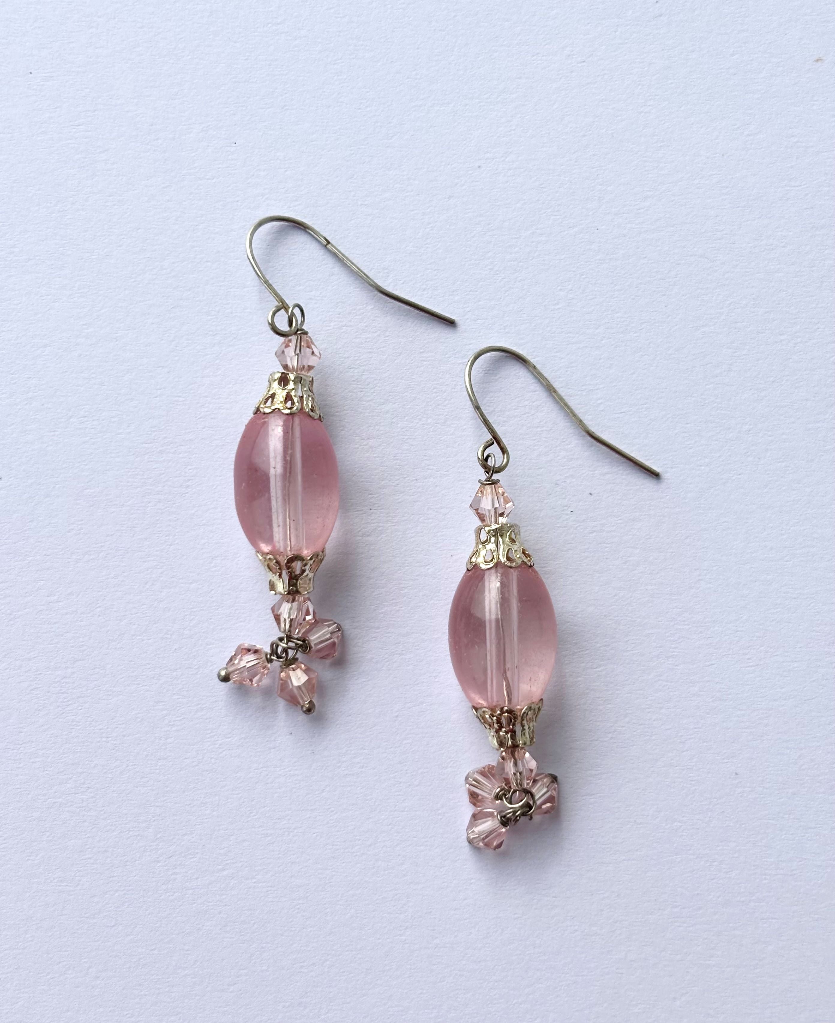 Pink Crystal Drop Earrings with Silver Accents
