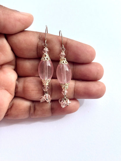 Pink Crystal Drop Earrings with Silver Accents