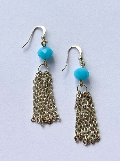 Handmade Turquoise Crystal and Chain Tassel Earrings