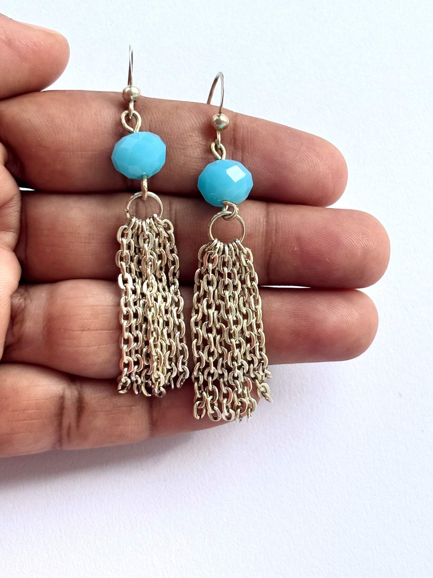 Handmade Turquoise Crystal and Chain Tassel Earrings