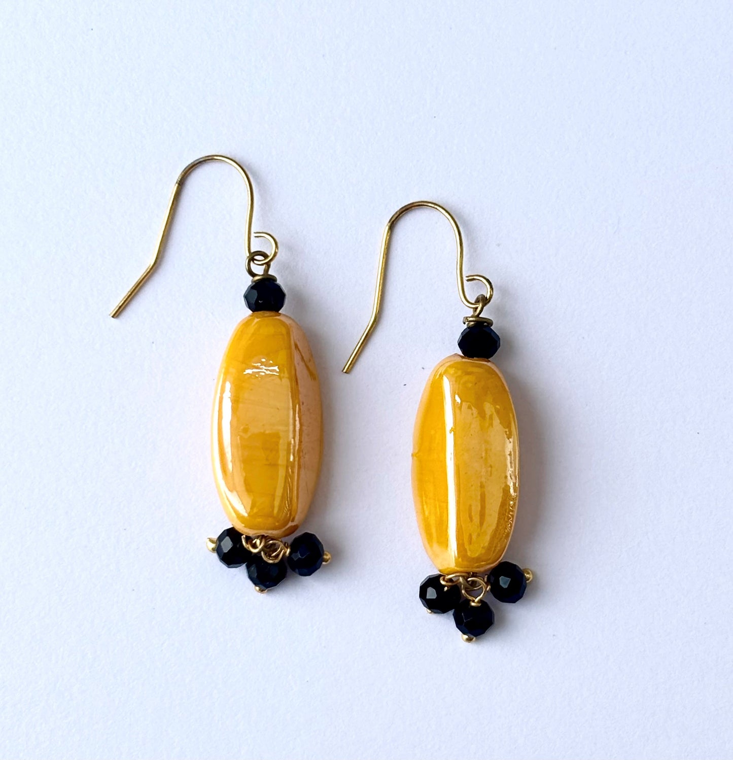 Handmade Mustard Yellow and Black Beaded Earrings