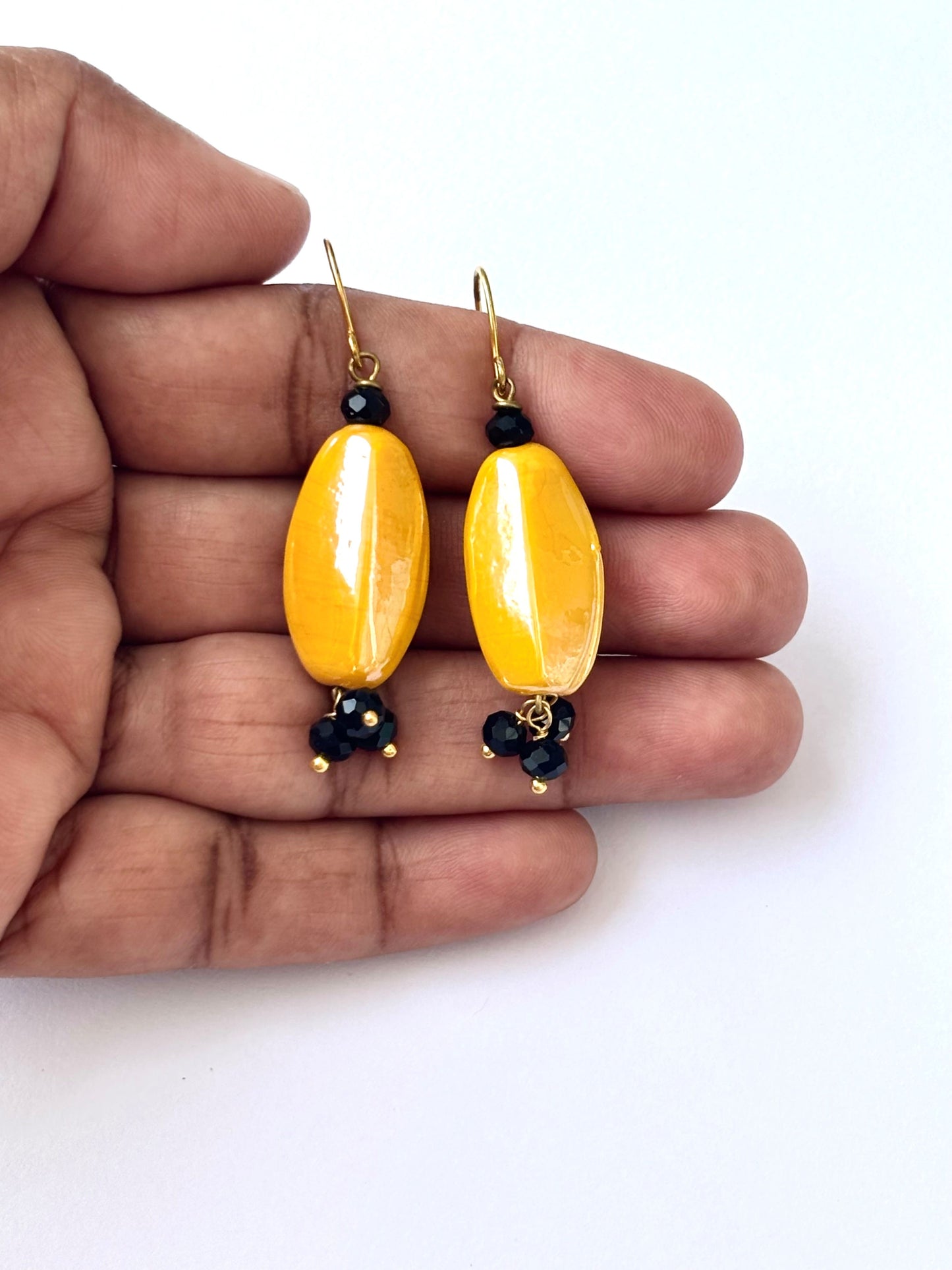 Handmade Mustard Yellow and Black Beaded Earrings