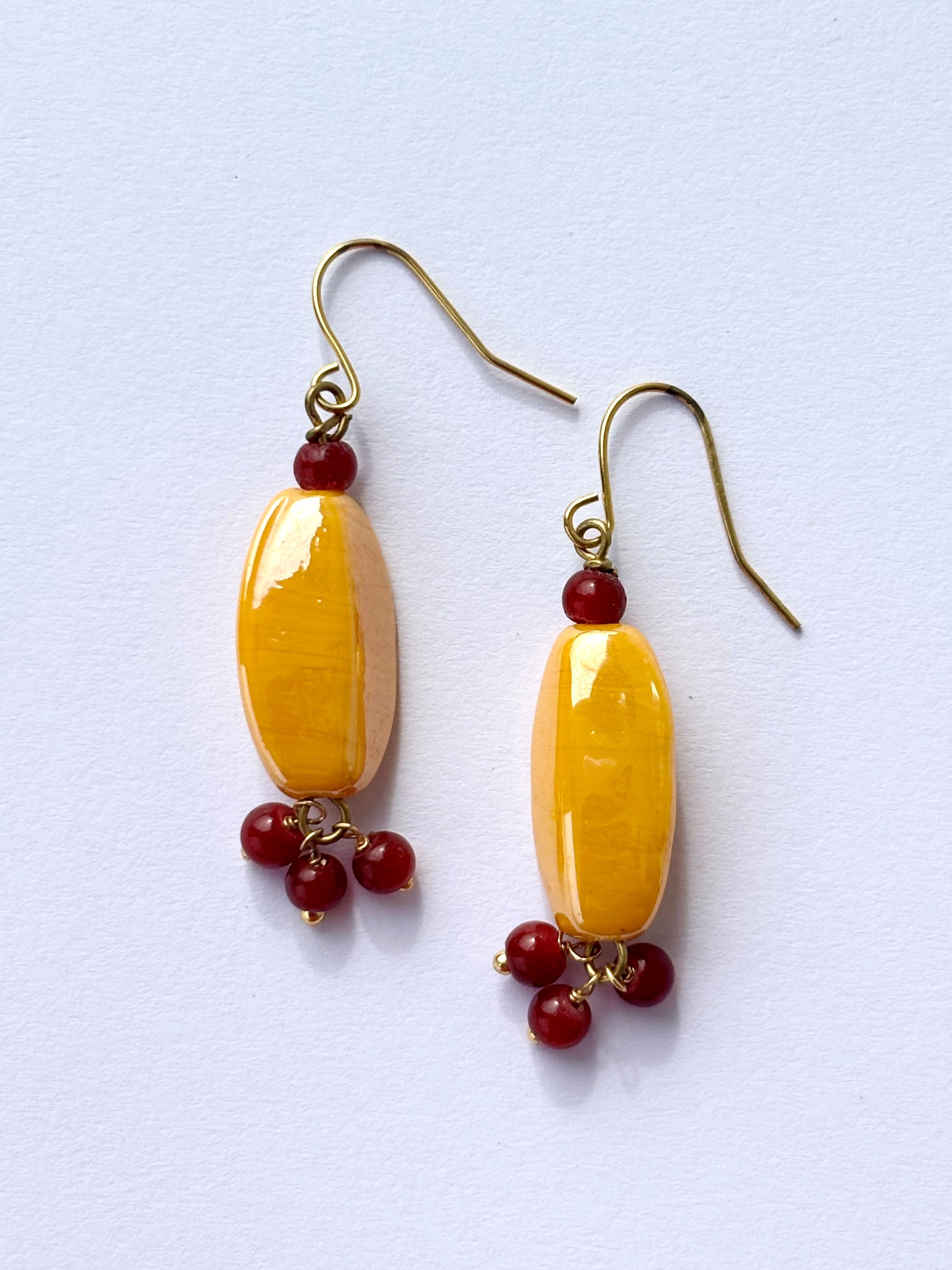 Handmade Mango Yellow and Red Beaded Earrings