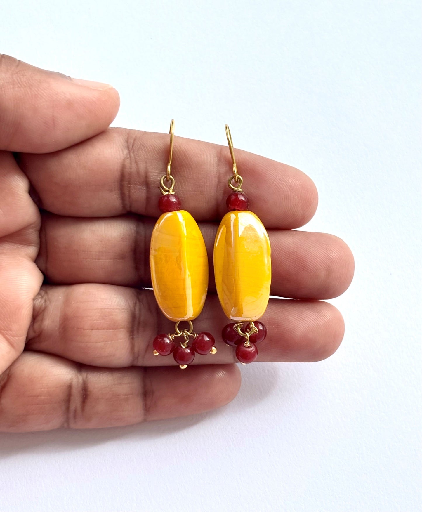 Handmade Mango Yellow and Red Beaded Earrings