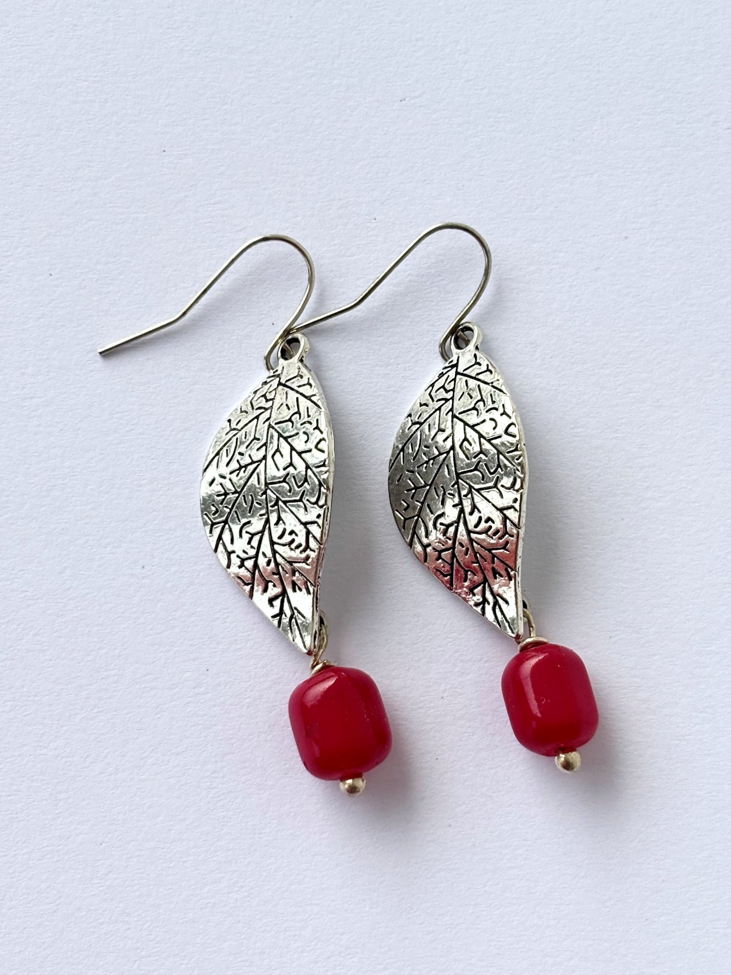 Handmade Silver Leaf and Red Bead Dangle Earrings