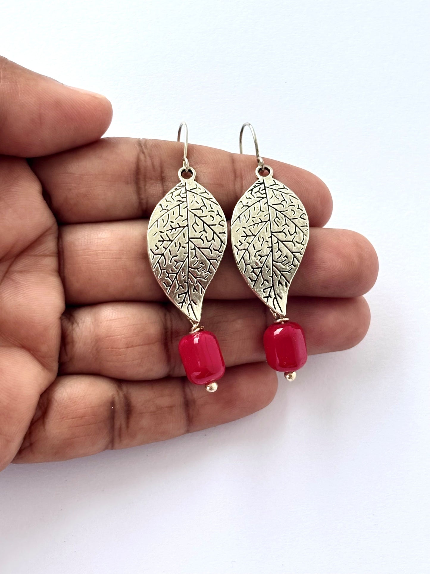 Handmade Silver Leaf and Red Bead Dangle Earrings