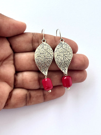 Handmade Silver Leaf and Red Bead Dangle Earrings